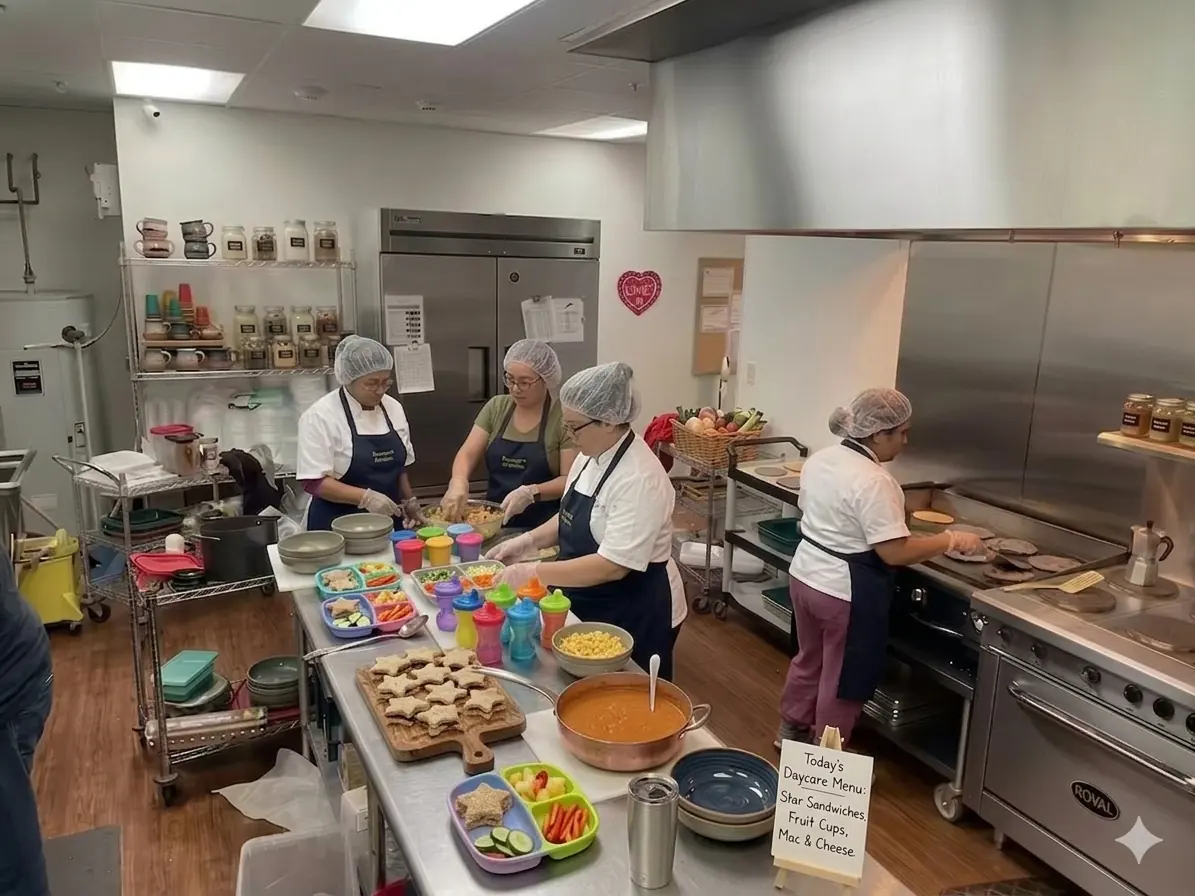Teachers preparing fresh home-cooked meals in the Fry Rd. kitchen