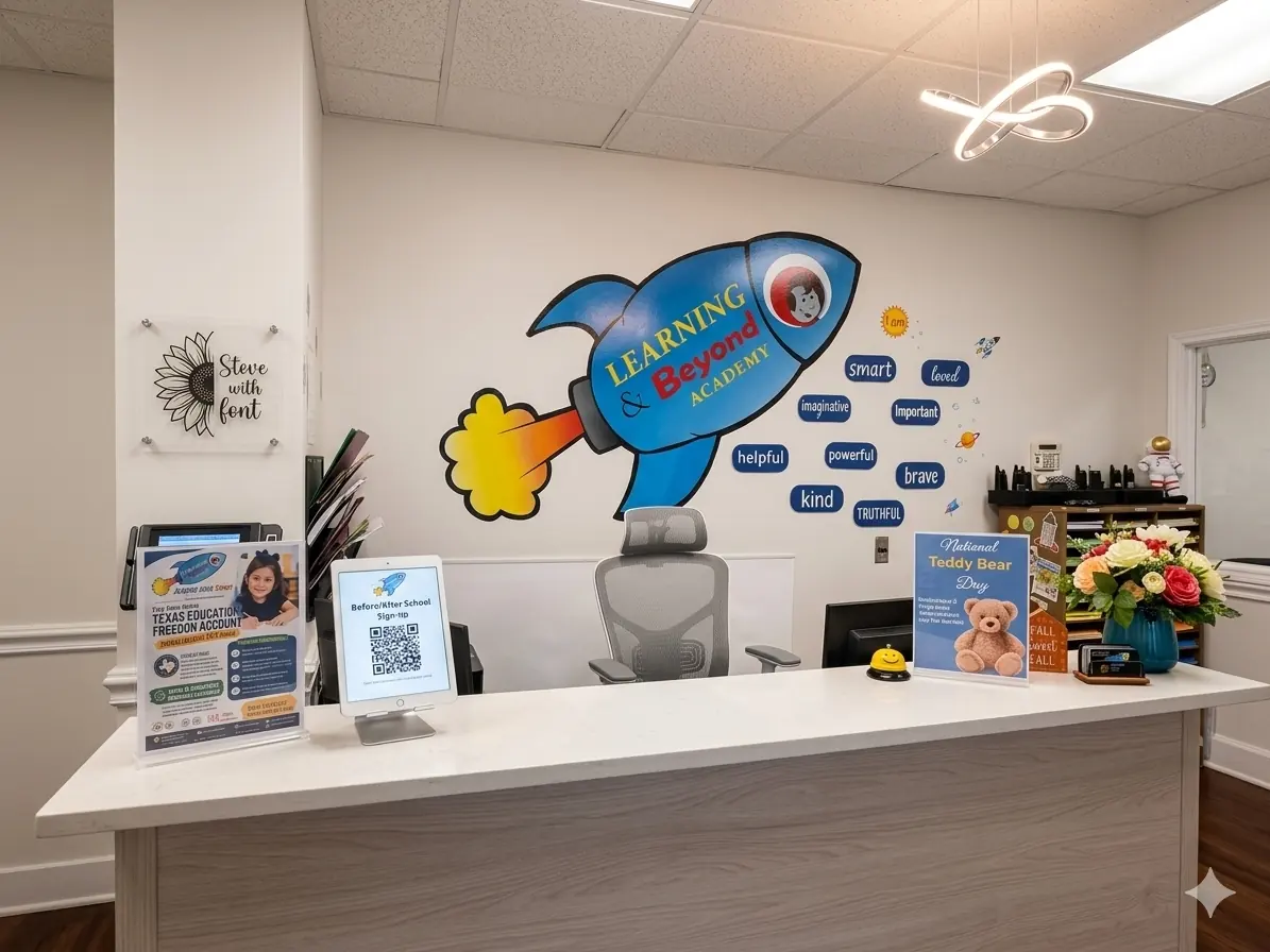 Fry Road front reception with rocket mural and word cloud