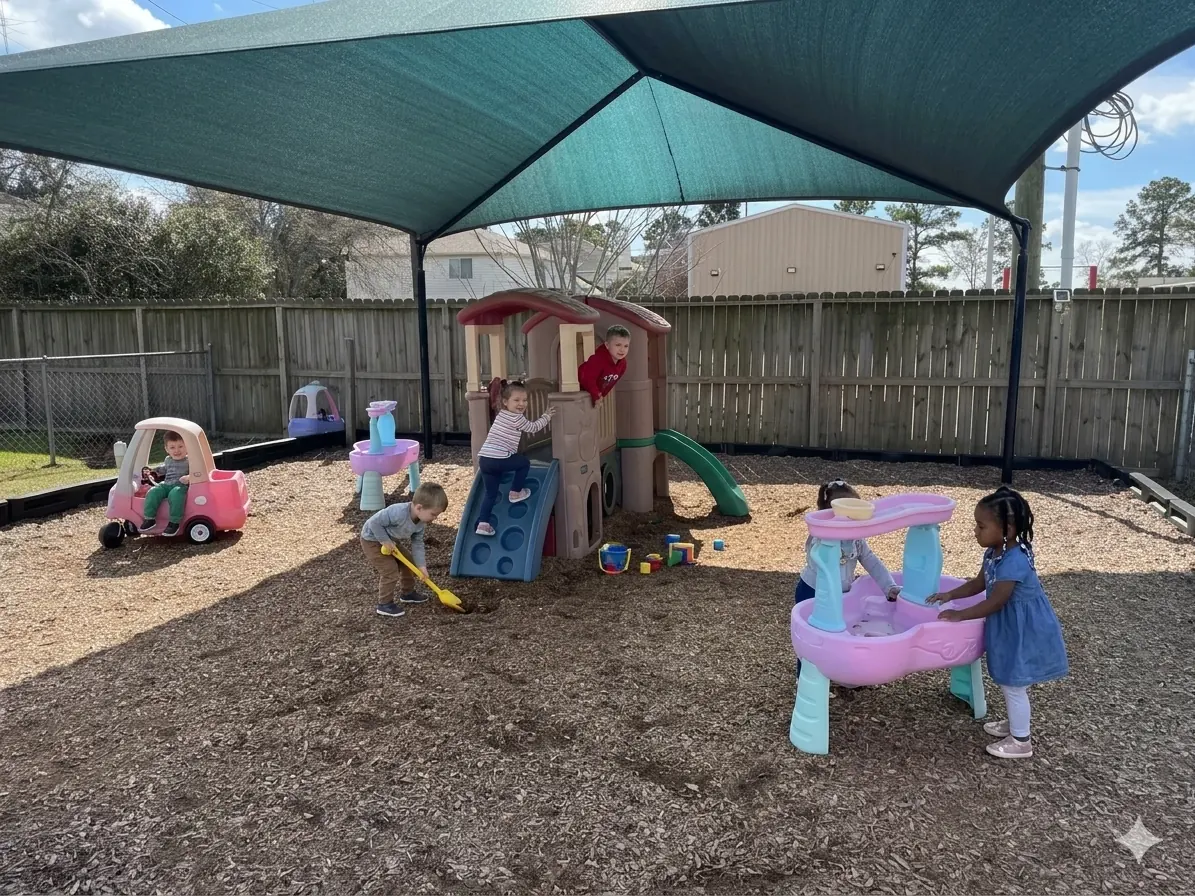 Toddler playground with sand, water tables, and cozy coupes
